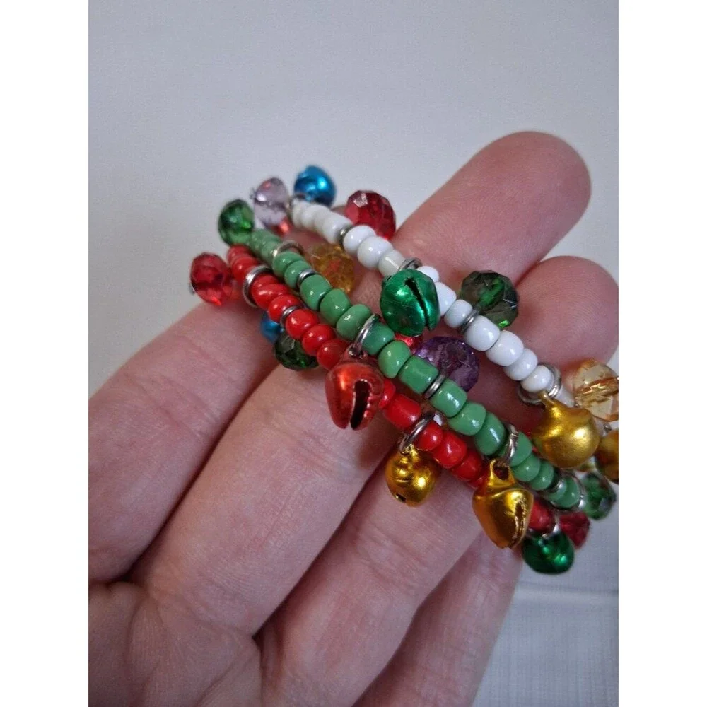 Christmas Jingle Bells and Multicolored Beads Memory Wire Statement Bracelet